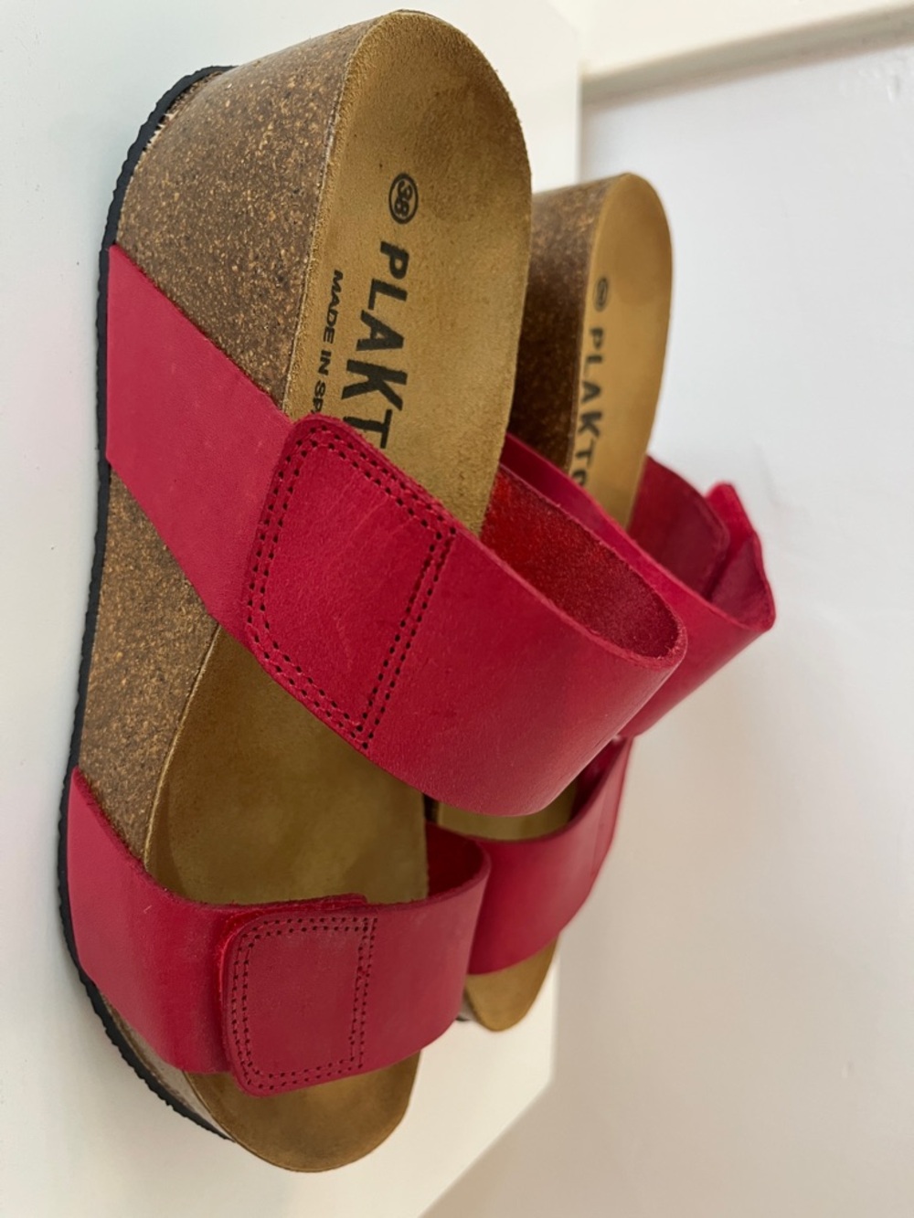 Genuine, Red Leather Platform, Wedge Sandals, size 7 1/2. Made in Spain.